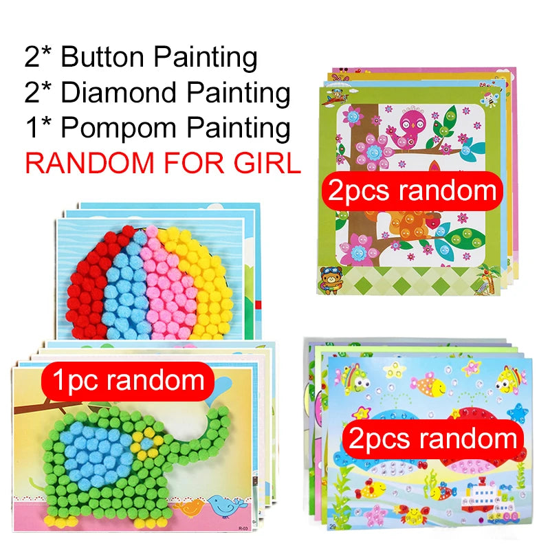Children DIY Stickers Toys Button/Pompom/Diamond Early Education 3-6 Years Old Gifts TMZ